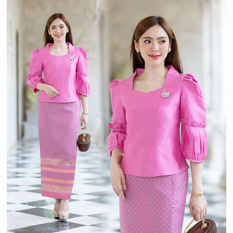 kudapy เสื้อผ้าไหมสีชมพู/สีเหลืองทอง เนื้อผ้าทอสวย เนื้อเบา ใส่สบายผิว มีลายเส้นในตัว