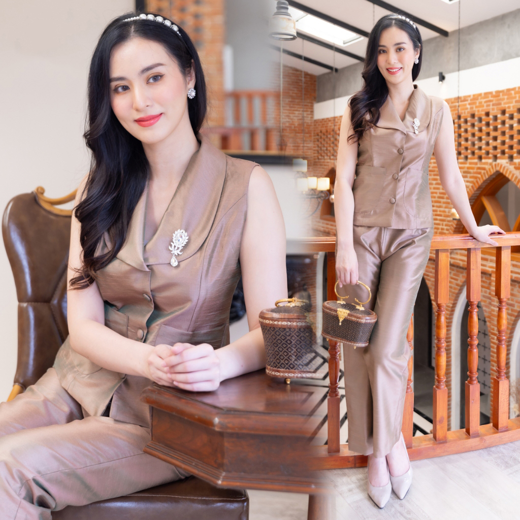 kudapy ชุดเซต เสื้อแขนกุด+กางเกง ผ้าไหมใส่ออกงาน สีแดง,สีชมพู,สีเทา,สีน้ำตาล