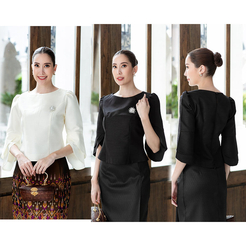 kudapy เสื้อผ้าไหมประยุกต์สีขาว/สีดำ อัดกาวทั้งตัว ทรงสวย อยู่ทรง มีซิปหลังสวมใส่ง่าย แขนต่างสองชั้นสวย ใส่ออกงาน (เฉพาะเสื้อ)