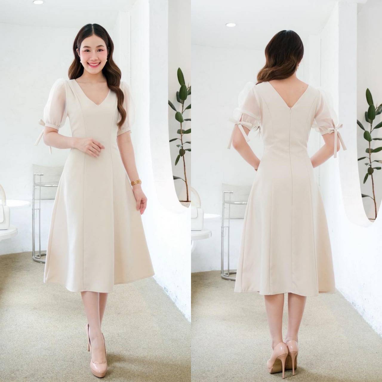 kudapy เดรสสั้นไปงานคอวีสีครีม สีขาว สีชมพู สีส้มอิฐ แขนตุ๊กตาผ้าแก้ว แต่งโบว์แขนเล็ เอวสูง ชายปล่อบทรง