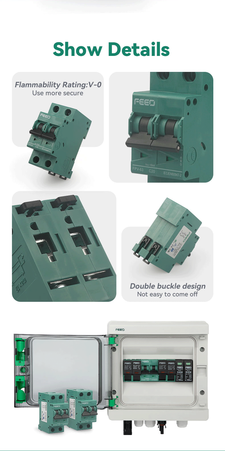 FEEO 2P DC Solar Circuit Breaker 550V 800V สำหรับงานโซล่าเซลล์ 16A 20A 25A 32A 63A FPV-63 DC MCB