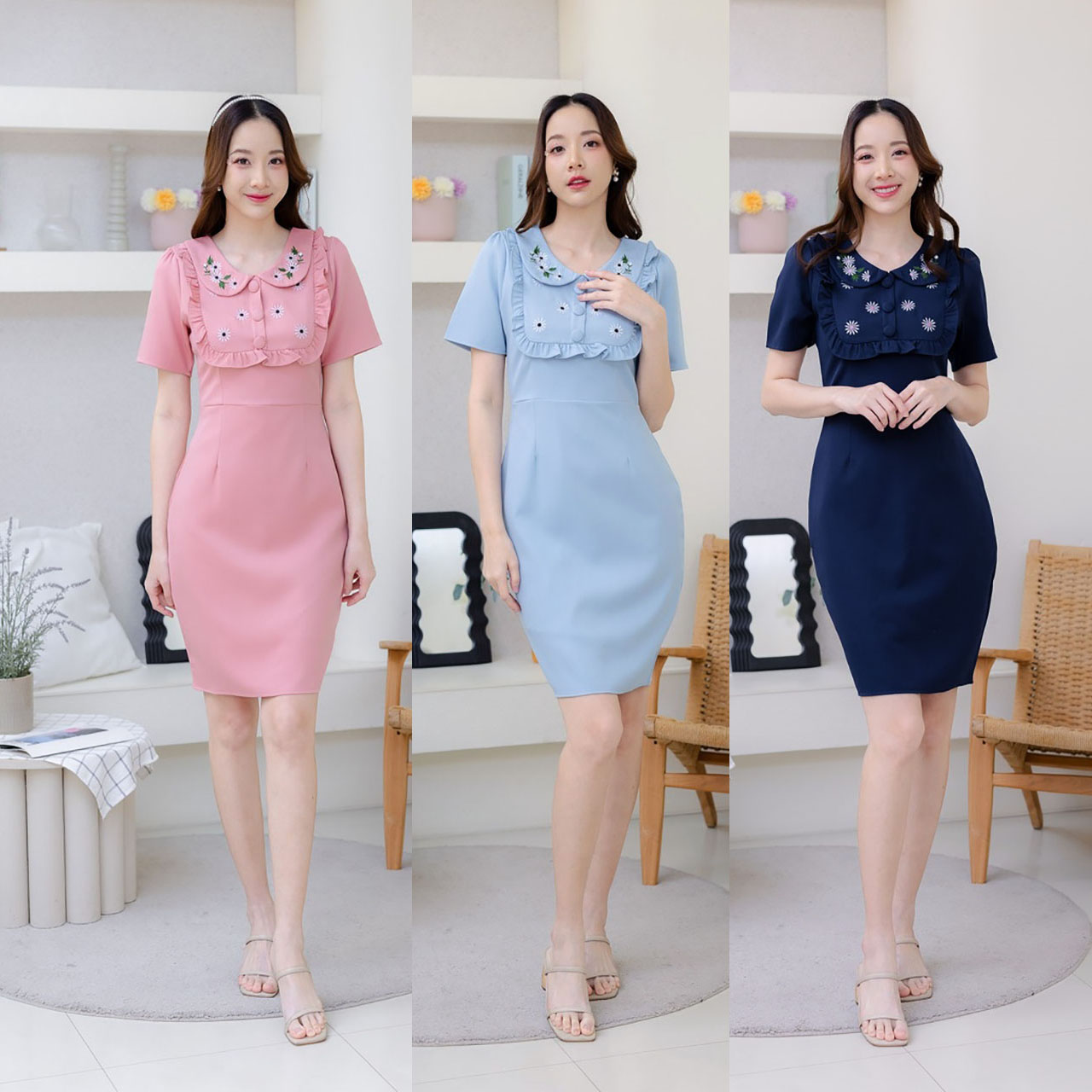 kudapy เดรสสั้นสีกรม/สีฟ้า/สีชมพู งานผ้าปักลาย สีชัด งานผ้าสีเรียบ น่ารัก