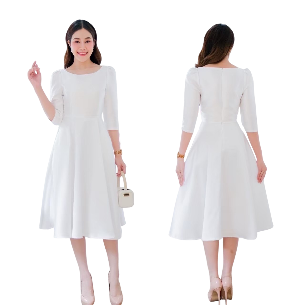 kudapy เดรสสั้นใส่ออกงานสีชมพู,สีเขียวเข้ม,สีดำ,สีน้ำเงินกรมท่า,สีเทาเงิน ทรงยกไหล่พอง แขนสาม ดีเทลจับจีบหัวไหล่