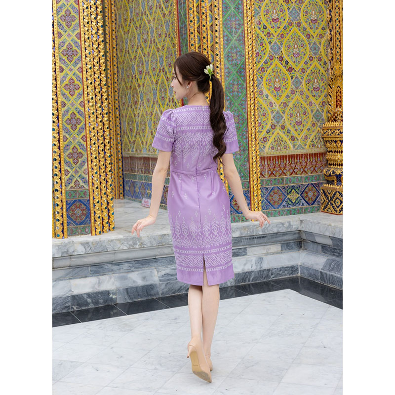 kudapy เดรสสั้นสีม่วง/สีกรม/สีชมพู ผ้าทอแต่งปกติดกระดุมหน้า