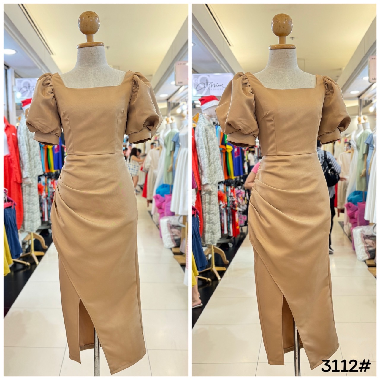 kudapy เดรสขอเหลี่ยม แขนพอง ตุ๊กตา จับจีบเอว-สะโพก กระโปรงทรงสอบ เก็บทรง ดีเทลกระโปรงป้ายผ่าข้าง