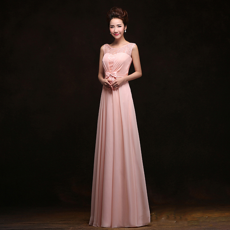 kudapy เดรสยาวสีชมพู ชุดราตรีแบบแขนกุด ผ้าชีฟอง แต่งผ้าลูกไม้ & โบว์ช่วงเอว สวยหวาน (เชือกผูกหลัง)