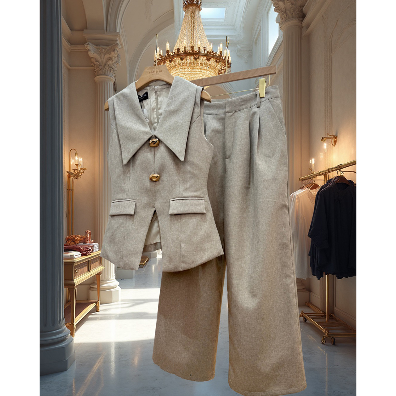 kudapy เซ็ตสุดหรูดูแพง ดีไซน์เรียบแต่แฝงความสง่างาม เหมาะสำหรับใส่ทำงาน ไดีไซน์เสื้อ ทรงเบลเซอร์แขนกุด ปกคอขนาดใหญ่เพิ่มมิต