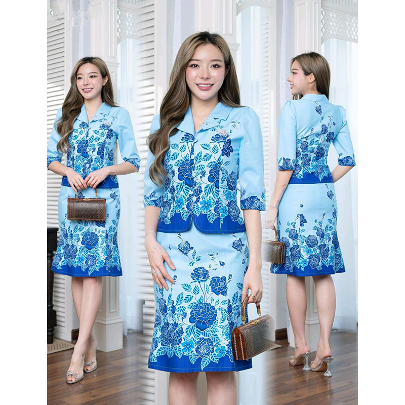 kudapy เซ็ทเสื้อกระโปรงสีฟ้า กุหลาบฝรั่งเศส ผ้าปาเต๊ะคอตตอนแท้เนื้อพรีเมี่ยม