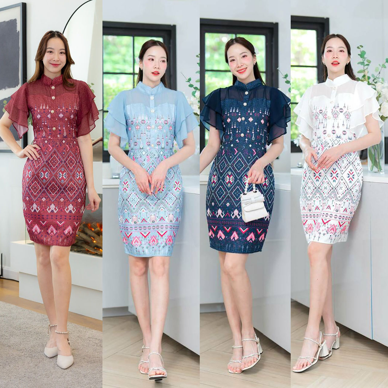 kudapy เดรสสั้นสีฟ้า/สีกรม/สีแดง/สีขาว ผ้าลายไทย ไหล่ลูกไม้หัวใจ