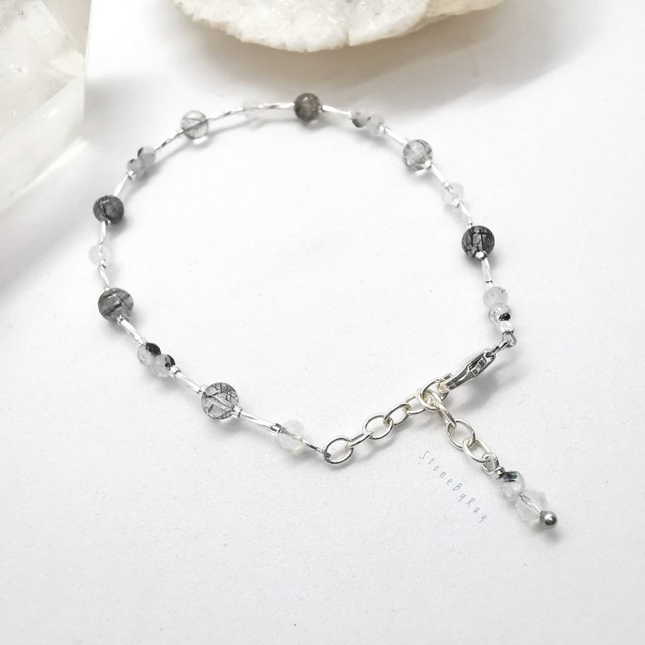 สร้อยข้อมือเงินหินไหมดำ+หินมูนสโตน Black Tourmaline Quartz+Moonstone