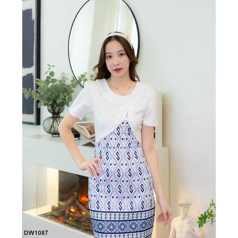 kudapy เดรสสั้นสีแดง/สีขาว/สีชมพู/สีส้ม/สีกรม ผ้าไทยกั๊กแต่งโบว์ ใส่สบายสวยดูดี