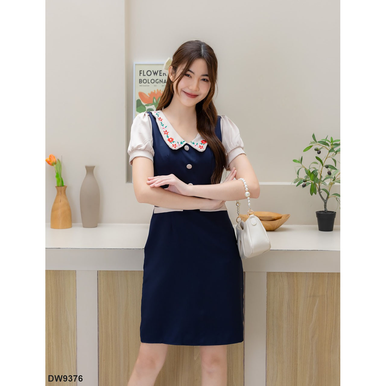 kudapy เดรสสั้นสีชมพู/สีแดง/สีกรม คอปกแขนตุ๊กตาแต่งกระดุม 3 ชิ้น