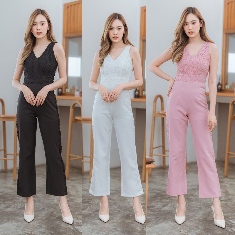 kudapy จั้มสูทขายาวสีชมพู/สีขาว/สีดำ ลายลูกไม้แขนกุด