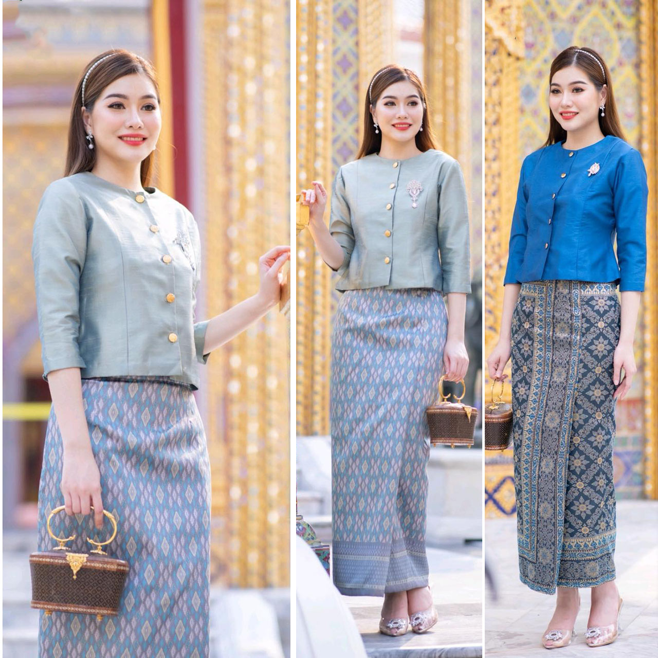 kudapy ชุดเซตเสื้อผ้าไหมแพรทิพย์เกรดพรีเมี่ยมอัดกาวอย่างดี + ผ้าถุงเย็บสำเร็จทอลายอัดกาว ตะขอซิปหลัง