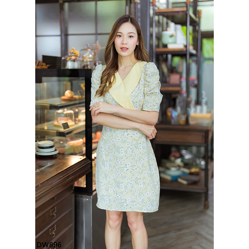 kudapy เดรสสั้นสีชมพู/สีดำ/สีเเหลือง เดรสทำงานทรงสูทลายดอก