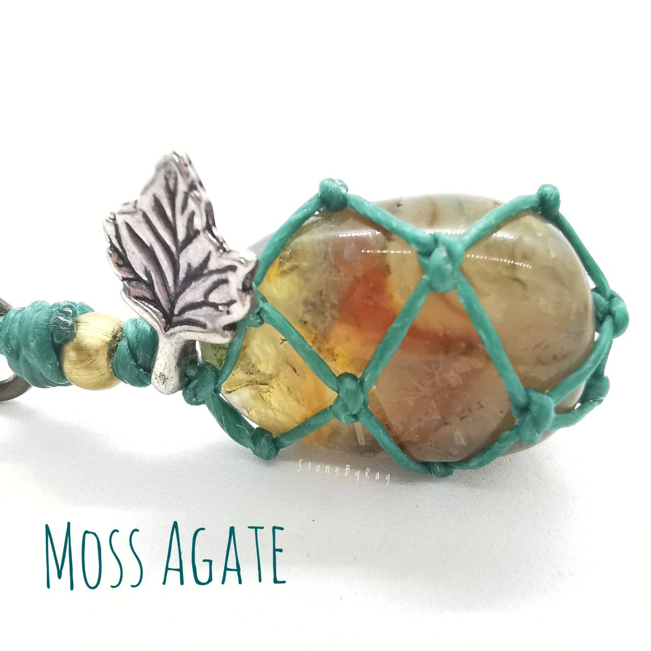 พวงกุญแจเชือกถักหินมอสอาเกต Moss Agate