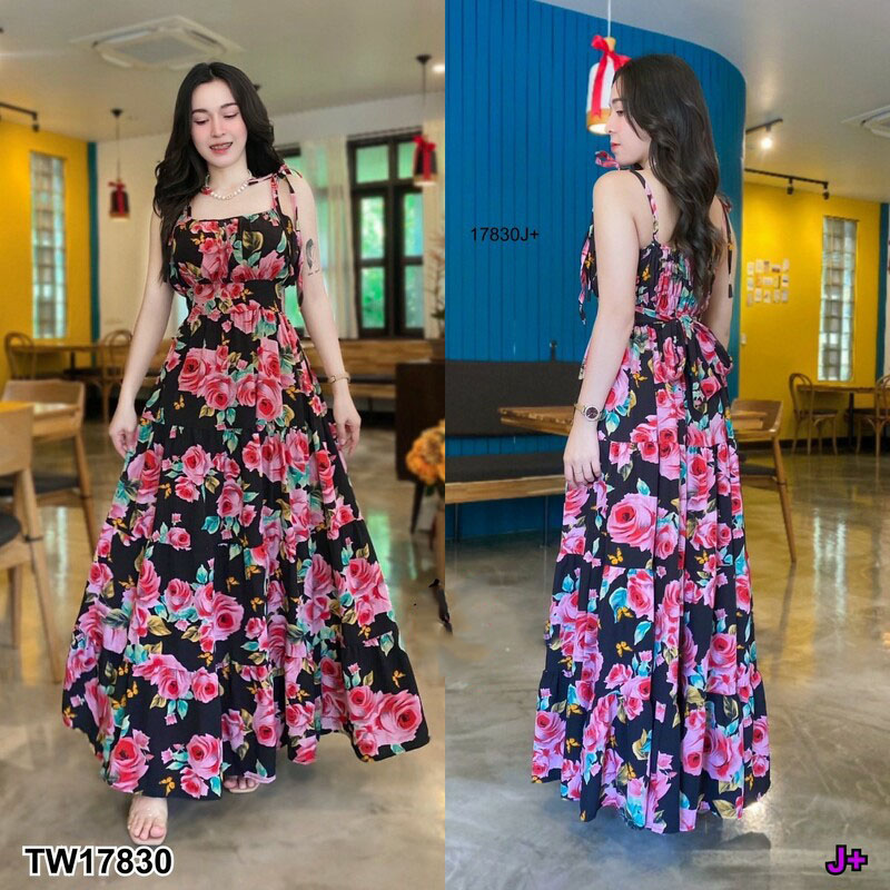 kudapy Maxi dress ลายดอกกุหลาบ เดรสยาวผูกไหล่ แต่งย่นช่วงหน้าอก ด้านหลังสม๊อค