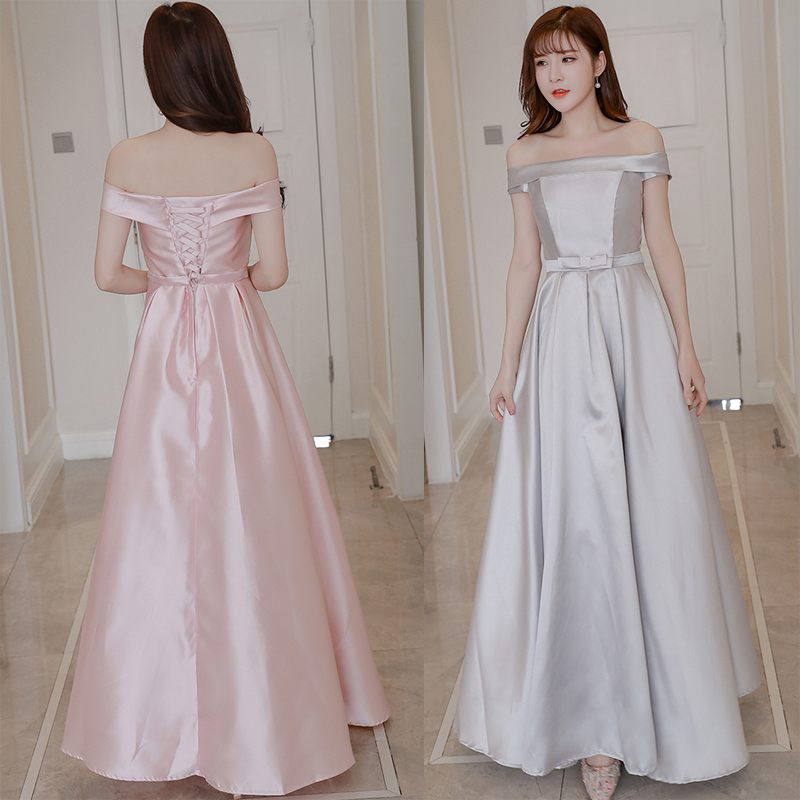 kudapy ชุดราตรียาวผ้าซาติน สีชมพูอ่อน/สีเทา เดรสเปิดไหล่ สีสวยตามแบบ