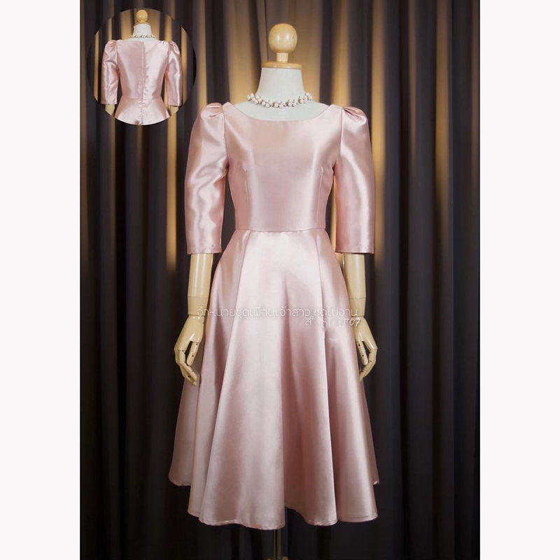 kudapy เดรสสั้นใส่ออกงานสีชมพู,สีเขียวเข้ม,สีดำ,สีน้ำเงินกรมท่า,สีเทาเงิน ทรงยกไหล่พอง แขนสาม ดีเทลจับจีบหัวไหล่