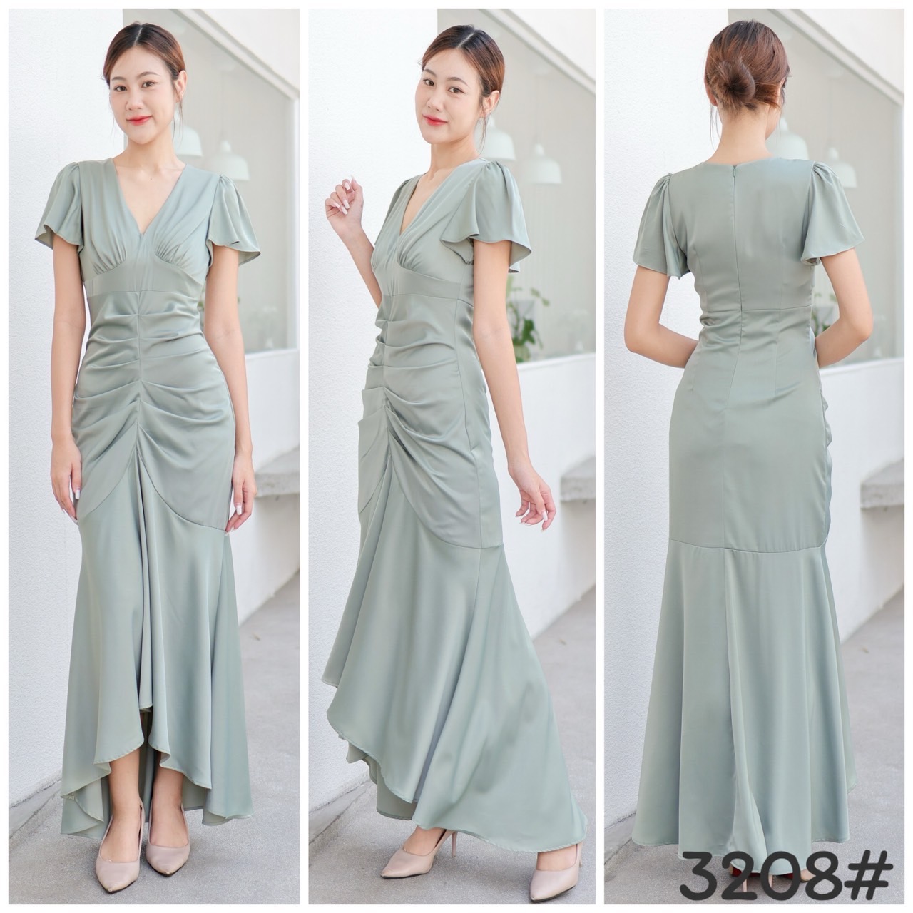 kudapy ชดเดรสราตรีออกงาน ทรงวี แขนกระดิ่งระบาย เอวสูง กระโปรงเจ้ารูปหางปลา จับเดรป พรางพุงหมาน้อย