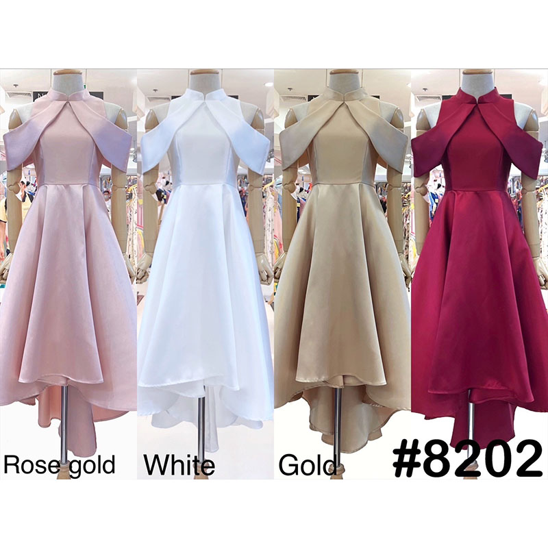 kudapy เดรสหน้าสั้นหลังยาวสีทอง/สีขาว/สีโรสโกล/สีแดง คอจีนสุดชิค ดีเทลป้ายไขว้พรางต้นแขน ซิปหลัง กระดุมหลังคอ กระโปรงทรงหน้าสั้นหลังยาว