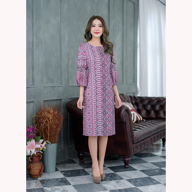 kudapy เดรสสั้นสีน้ำเงิน/สีม่วงกะปิ พิมพ์ลายไทย งานเนื้อผ้านิ่มใส่สบายค่ะ ใส่ทดแทนผ้าไทยเนื้อจะเบาไม่อึดอัด