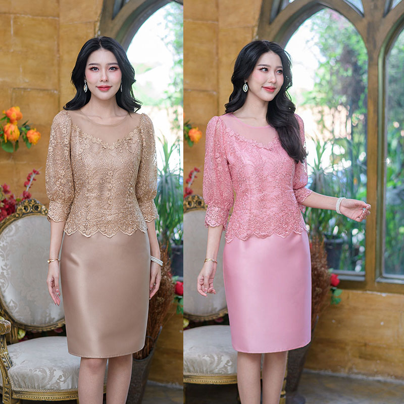 kudapy เดรสสั้นสีน้ำตาลทอง/สีชมพู ลูกไม้เงาปักลายผสมเลื่อมหรูหรา ดีไซน์สวย ด้านบนเป็นเสื้อด้านล่างผ้าไหมญี่ปุ่น แต่เป็นเดรสชิ้นเดียว