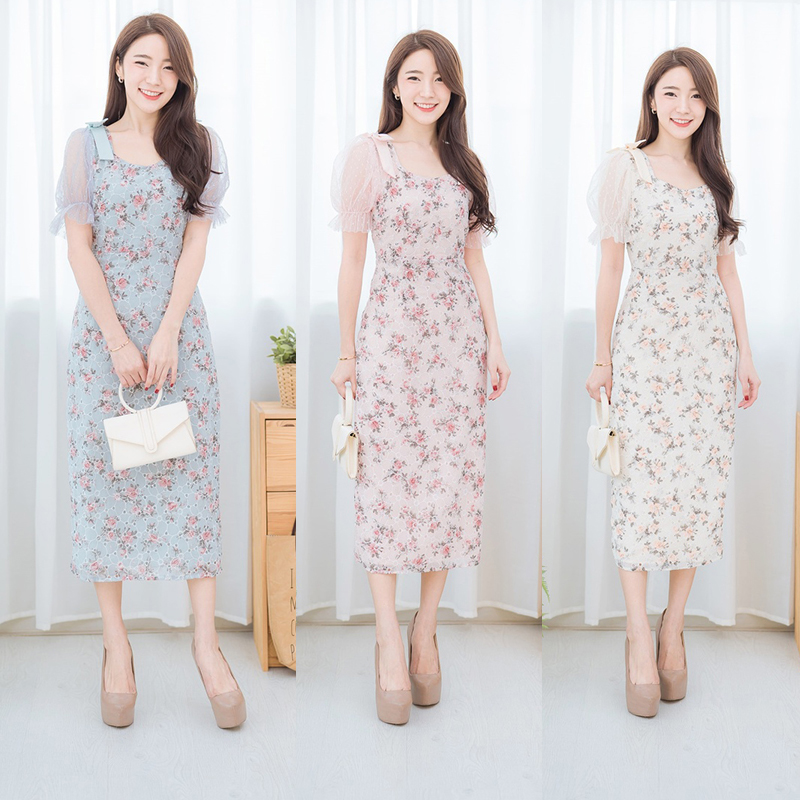 kudapy เดรสยาวสีครีม/ฟ้า/ชมพู ลายดอกแขนบาร์บี้ ผ้าใส่สบายสวยดูดีน่ารัก