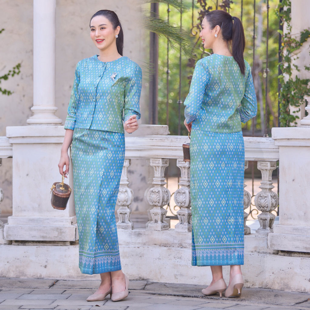 kudapy ชุดผ้าไทย เสื้อผ้าไหม จันทร์วาด ทอลายทรงเรือนต้น - ผ้าถุง ทอลายกวินตรา ชุดออกงาน ไปวัด ทำบุญ