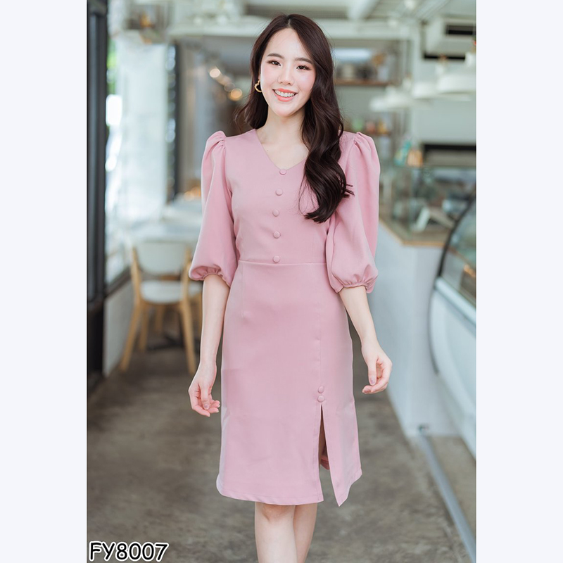 kudapy เดรสสั้นสีแดง,ชมพู แขนจั๊มคอวีกระดุมกลางดูดีสวย