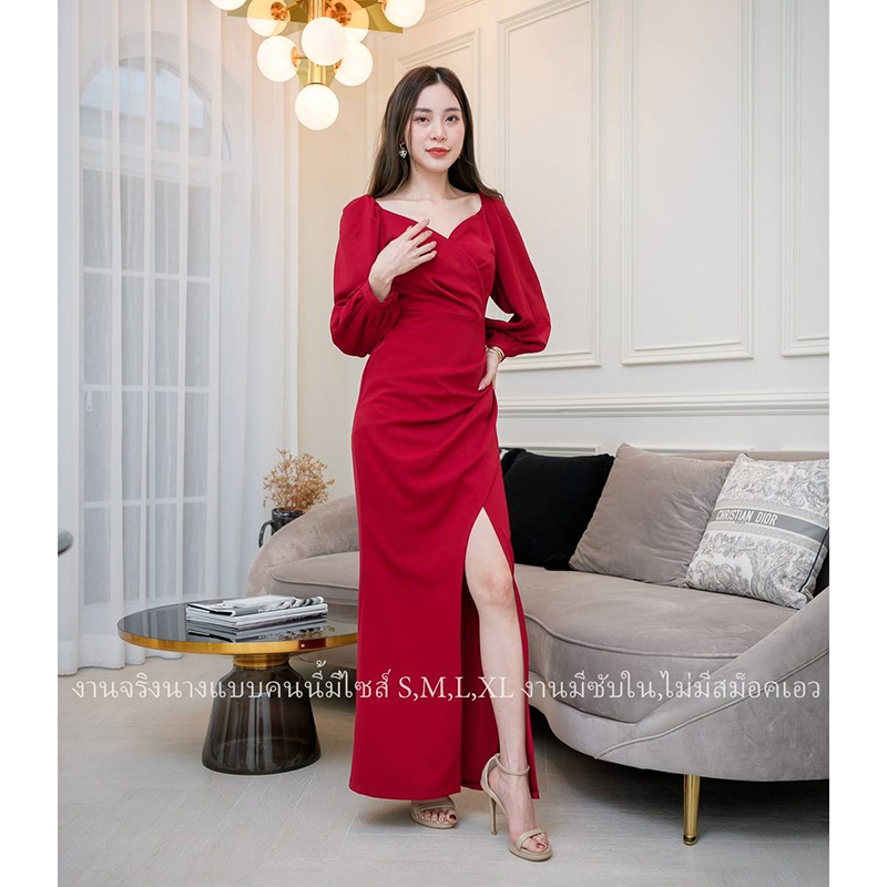 kudapy เดรสราตรีแขนยาวปาดคอวีสีแดง/สีเขียว/สีชมพู ผ่าสูงข้าง งานสวยคุ้มราคา ซิปหลังมีซับใน เริ่ดมากก