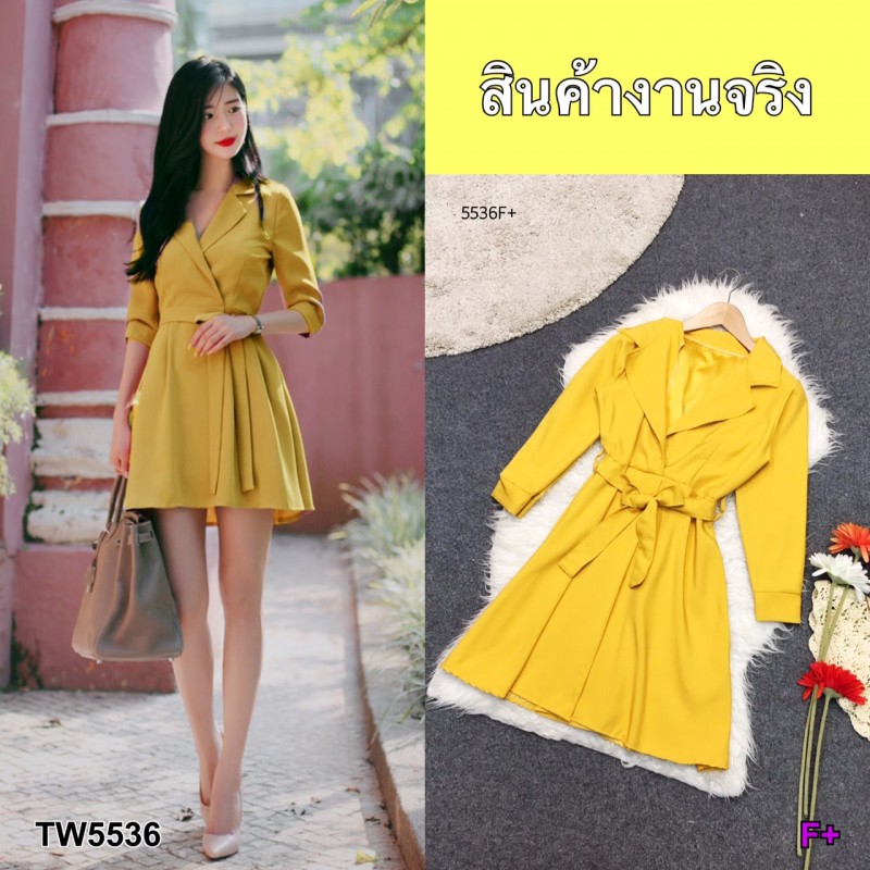 kudapy เดสรคอปกผูกโบว์ เดรสคอปก แขนยาว 5 ส่วน สีพื้นเรียบ เนื้อผ้าซาร่า มีเชือกผูกโบว์ที่เอว ชายกระโปรงผ่าหน้าเย็บติดกัน