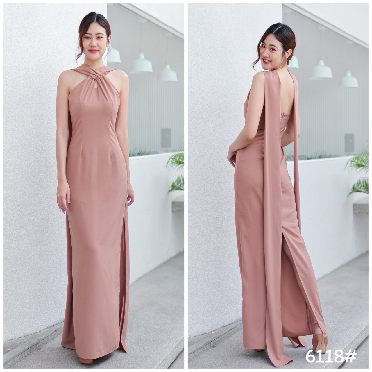 kudapy ชุดราตรีสุดแกลม ทรงเข้ารูป สายไขว่หน้าคล้องคอ ทิ้งชายยาว มีสายเดี่ยวจิ๋ว