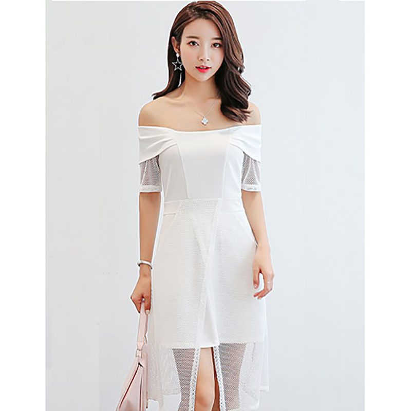 kudapy ชุดเดรสสั้นสีดำ,สีขาวแฟชั่น เปิดไหล่ ต่อแขนและกระโปรงผ้าตาข่ายผ่าหน้าและสวยหวานสไตล์เกาหลี