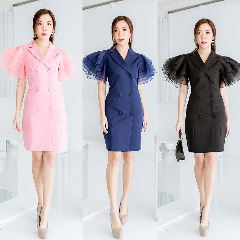 kudapy เดรสสั้นสีชมพู/สีกรม/สีดำ คอปกพับแขนชั้นชีฟอง ใสสวยน่ารัก