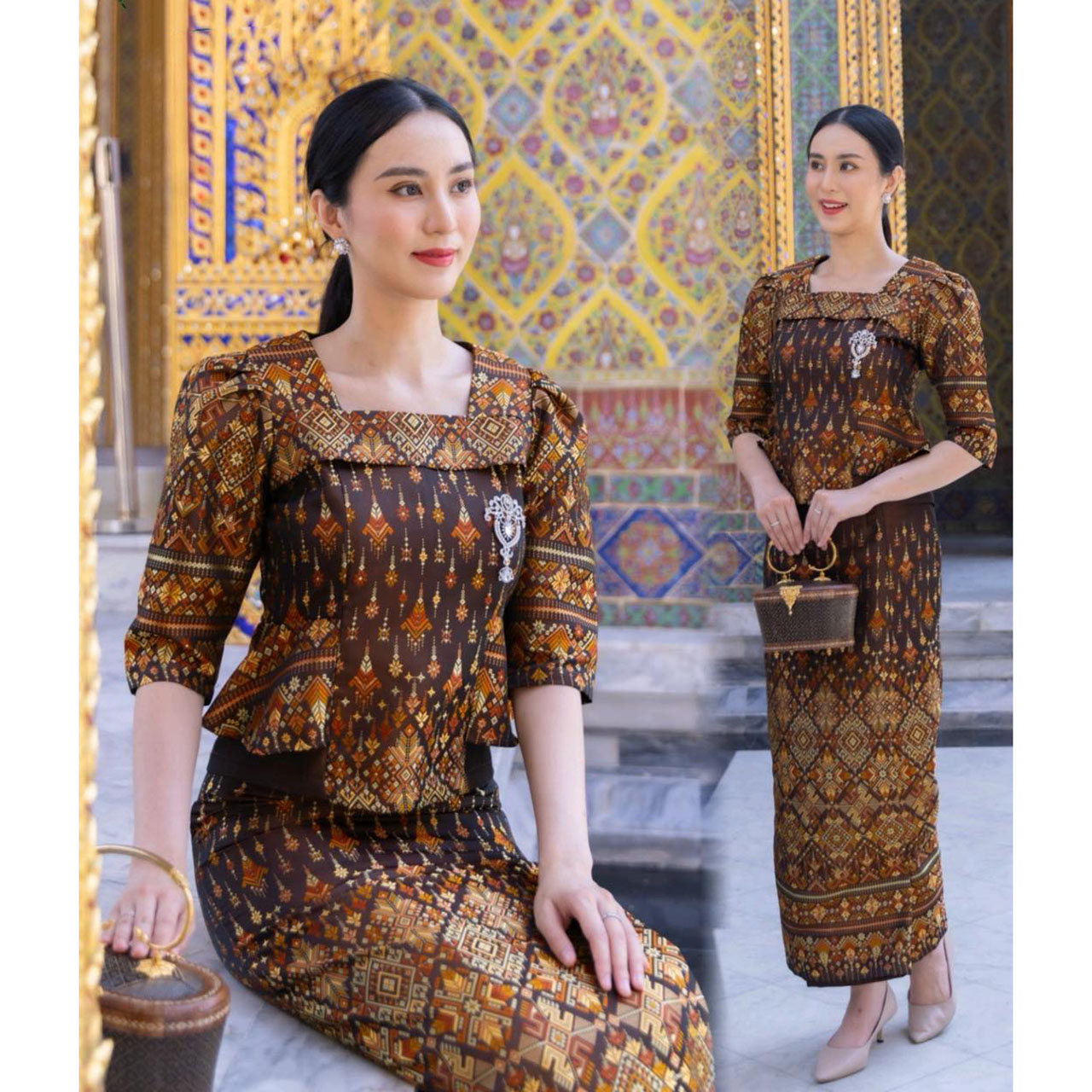 kudapy ชุดเซ็ทเสื้อผ้าไหม ผ้าถุง ชุดออกงาน ชุดไปวัด ชุดทำบุญ - ผ้าไหมทอ ลายแพรวากาฬสินธุ์ เซทแม่ดอกบัวบาน