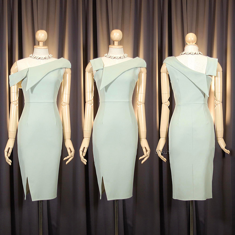 kudapy เดรสสั้นสีครีมนู้ด/สีเขียวอมเทา/แดงเบอรืกันดี้/กรมท่า/ชมพูเข้ม เดรสทรงสอบ ใส่ได้ 2 แบบ พับบ่าดีไซส์อกแหลม