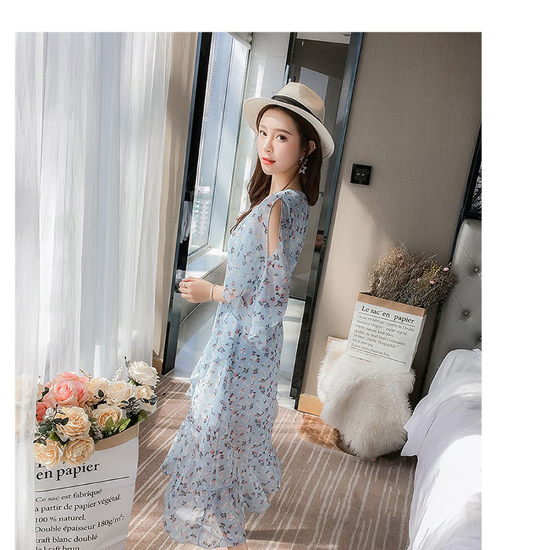 kudapy เดรสสั้นสีฟ้า ผ้าชีฟอง ลายดอกไม้เล็ก แขนกว้าง กระโปรงหน้าสั้นหลังยาว สวยสดใส