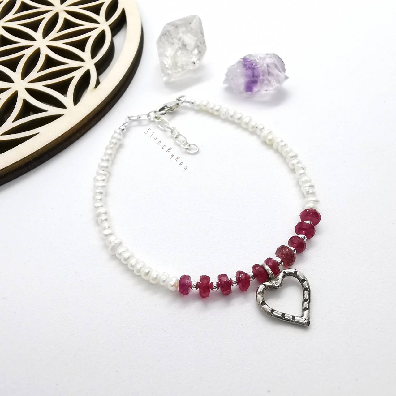 สร้อยข้อมือเงินพลอยทับทิม+ไข่มุกแท้ (Ruby+Pearl)