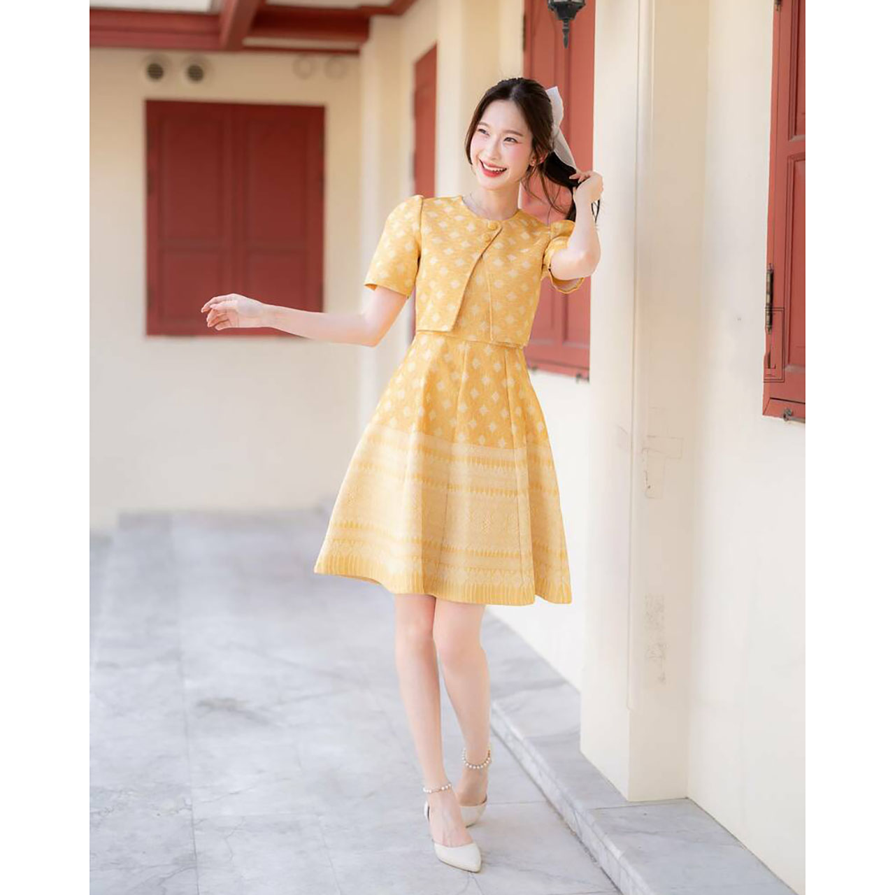 kudapy เดรสสั้สนสีม่วง/สีเหลือง ผ้าไทยกั๊กกระดุม 2 เม็ดกระโปรงบาน