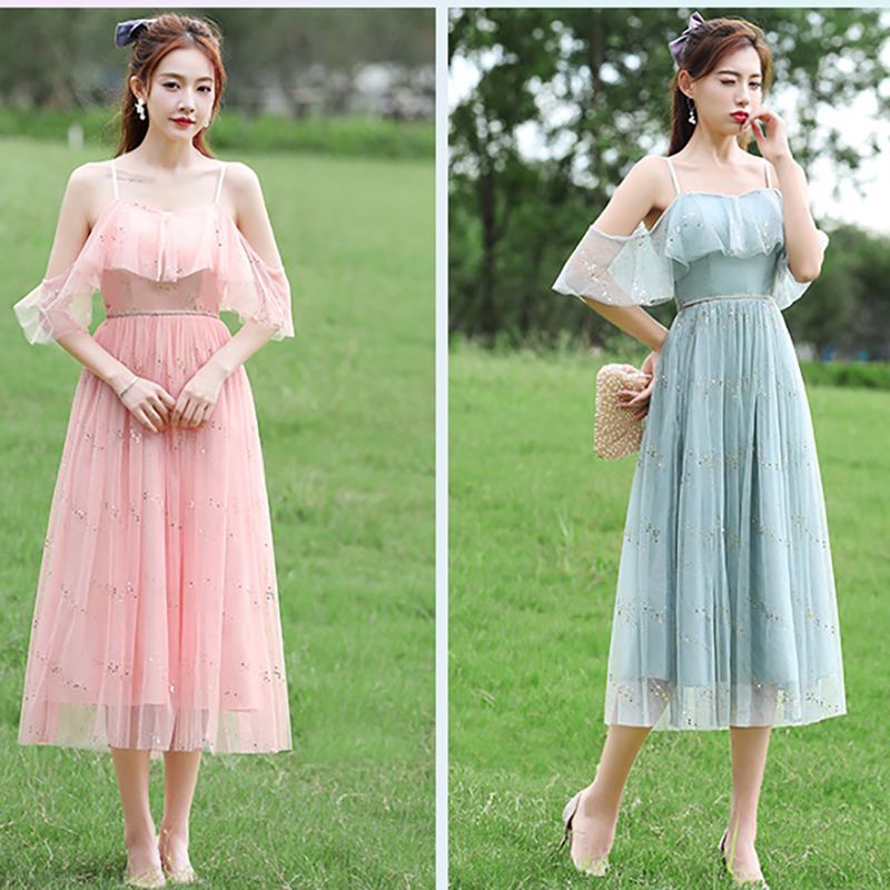 kudapy ชุดราตรีออกงานคลุมเข่า สายเดี่ยวเปิดไหล่ ติดเลื่อมวงกลมสีทองทั้งชุด