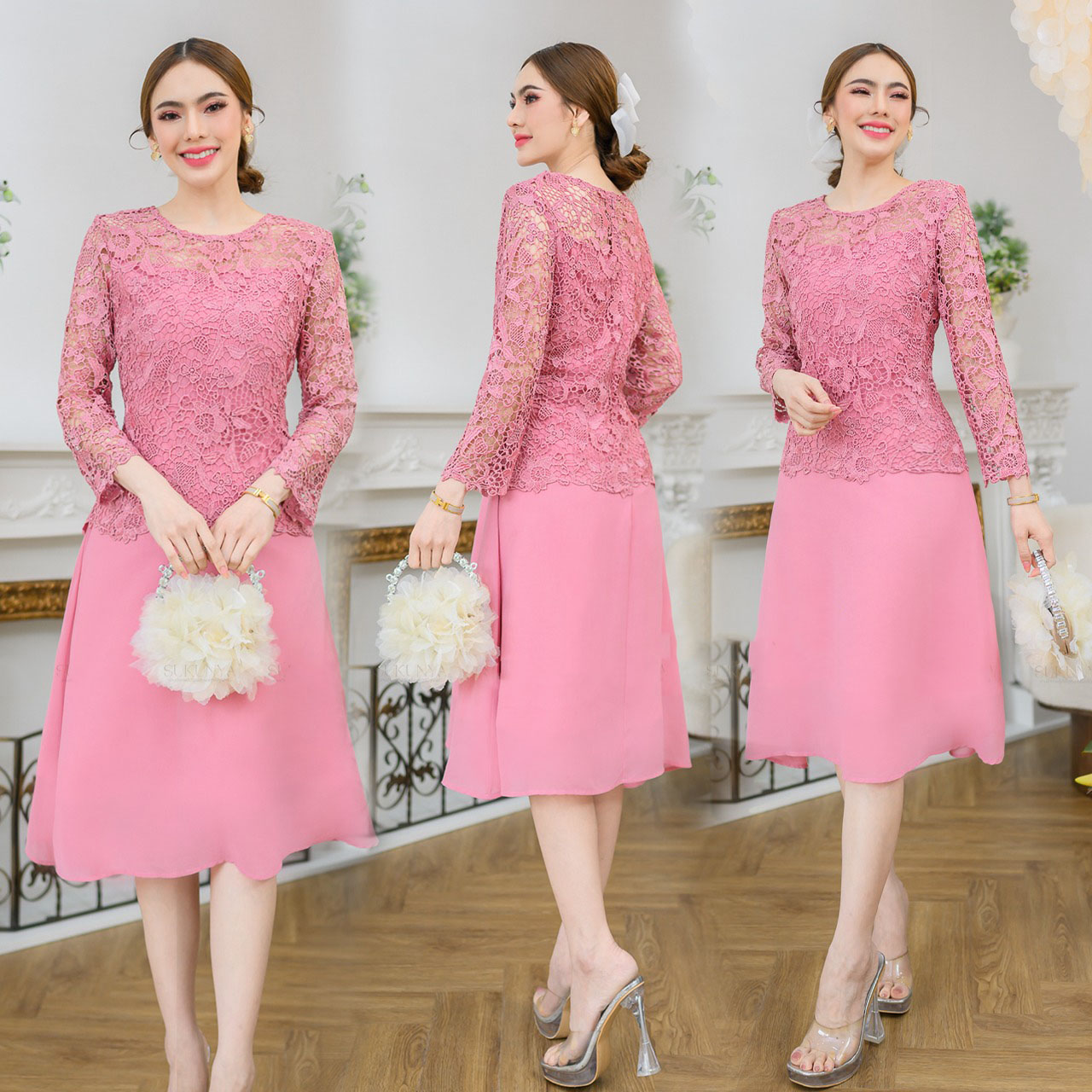 kudapy เดรสลูกไม้ เนื้อผ้าดีสวยงามตัวเสื้อใช้ลูกไม้คัดเกรดอย่างดีเนื้อเงาทอลาย กระโปรงเป็นผ้าชีฟอง