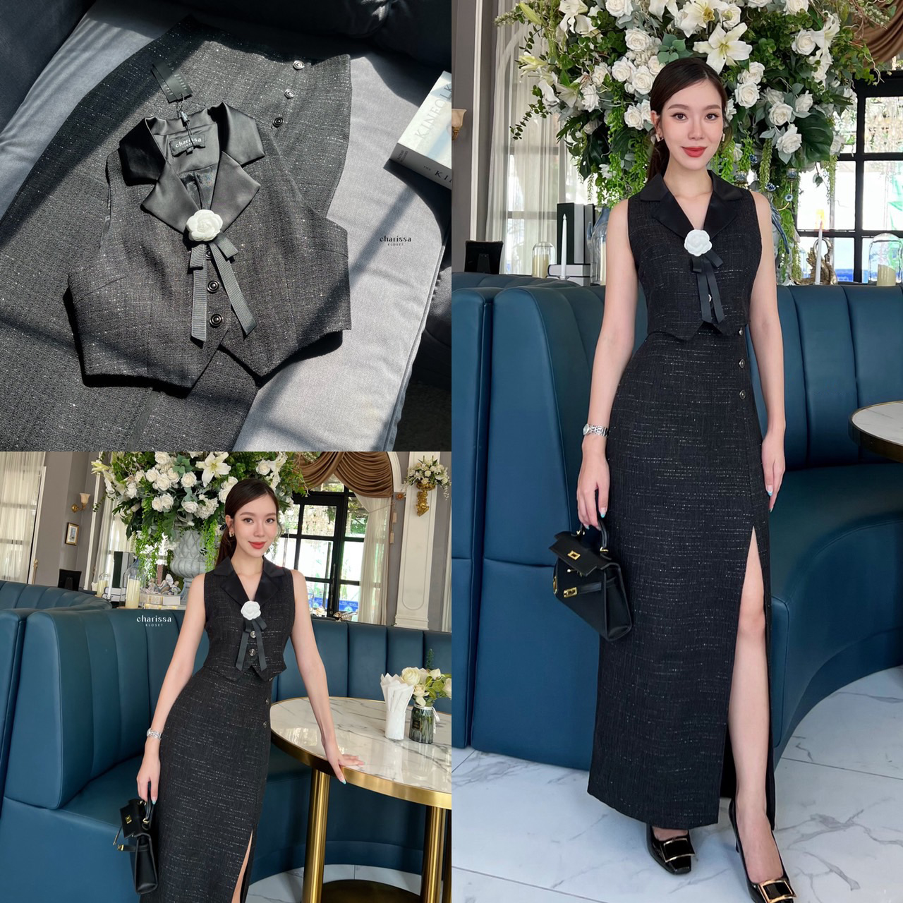 kudapy เซ็ทเสื้อแขนกุดเข้ารูปแต่งกระดุมจริงด้านหน้า 3 เม็ด กระโปรงยาวใช่ผ้าเดียวกับเสื้อ ผ่าด้านหน้า แต่งกระดุมหลอกด้านหน้า ซิปหลัง มีซับในอย่างดี