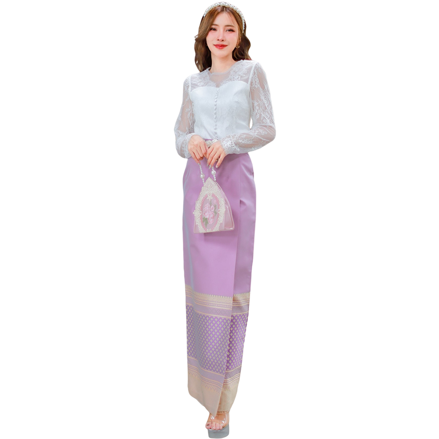 kudapy เสื้อลูกไม้เนื้อนิ่มแขนยาวสีขาว+ผ้าถุงสีม่วง สีกรมท่า สีชมพู ชุดไปงานแต่งเนื้อแน่น ผ้าทอลายอย่างดี