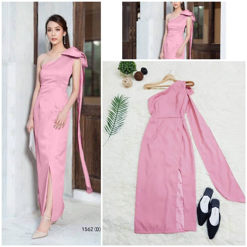 kudapyเดรสยาวสีแดง/ชมพู/กรมท่า/ครีม ไหล่เดี่ยว แต่งโบว์ 1 ข้าง ปล่อยสไบยาว สวยๆ กระโปรงด้านหน้าแต่งไขว้ งานเนื้อผ้าซาร่า ซิปหลัง