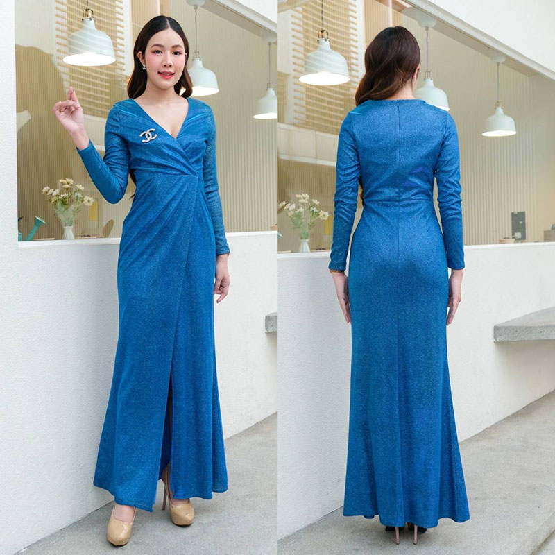 kudapy เดรสยาวสีแดงอมม่วง/สีเงิน/สีทอง/สีดำ/สีน้ำเงิน คอวี แขนยาว กระโปรงผ่าหน้า ทรงเข้ารูป รุ่นนี้ใส่ผอมสวยมากค่า ซิปหลังใส่ง่าย