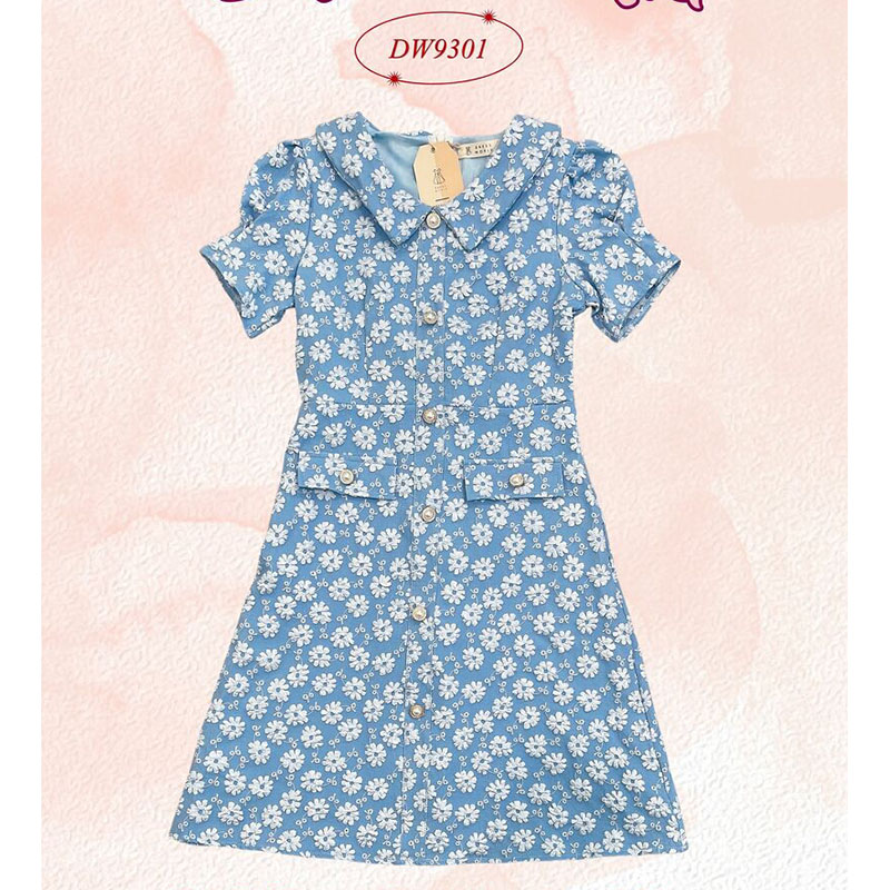 kudapy เดรสสั้นสีขาว/สีชมพู/สีฟ้า แจ็คการ์ดคอปก ใส่ทำงาน ผ้าปักลูกไม้ขาว ผ้าใส่สบาย