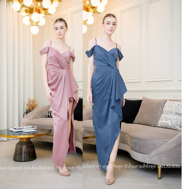 kudapy เดรสยาวสีเทาอมกรม/สีชมพูกลีบบัว ชุดราตรีไหล่ปิดไหล่ ทรงจับจีบผ่าข้างระบาย