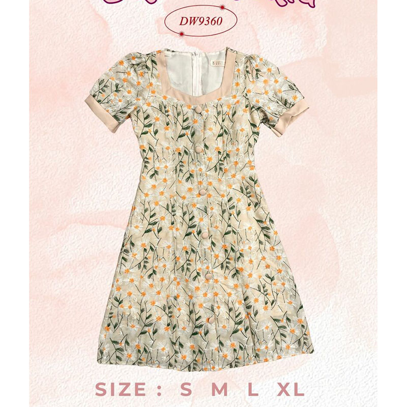 kudapy เดรสสั้นสีเขียว/สีชมพู/สีครีม กระดุมหน้าดอกเดซี่ ใส่ทำงาน ออกงานสวยดูดี