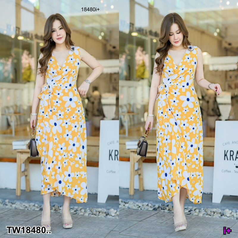 kudapy Dress เดรส #สาวอวบ เดรสคอวี แขนกุด ทรงป้ายผูกเอว ระบายชาย เนื้อผ้า 100D พิมพ์ลาย